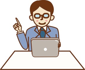 座ってタブレットを持ち、指を差すスーツ姿の男性。