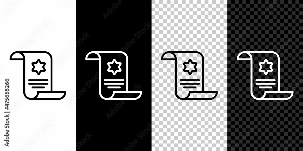 Poster set line torah scroll icon isolated on black and white,transparent background. jewish torah in expan