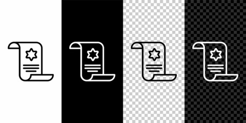 Set line Torah scroll icon isolated on black and white,transparent background. Jewish Torah in expanded form. Star of David symbol. Old parchment scroll. Vector