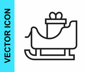 Black line Christmas santa claus sleigh with sack bag icon isolated on white background. Merry Christmas and Happy New Year. Vector