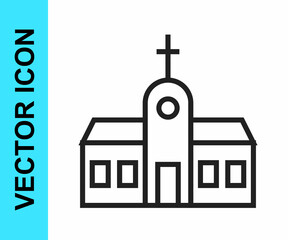 Black line Church building icon isolated on white background. Christian Church. Religion of church. Vector