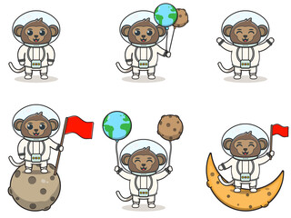 Vector Illustration of Cute Monkey with an astronaut costume. Funny Monkey Wearing Astronaut Costumes or Spacesuit Vector Set. Flat Cartoon Style.
