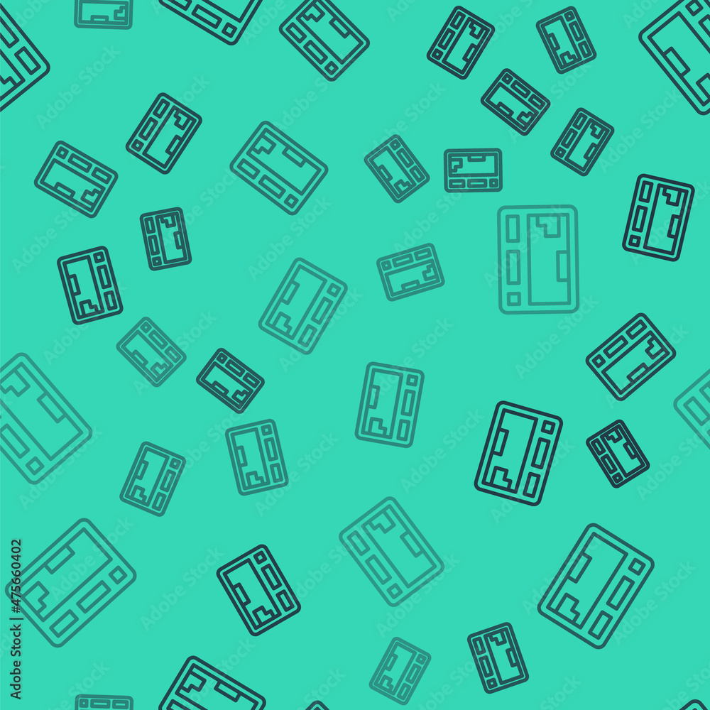 Poster black line computer keyboard icon isolated seamless pattern on green background. pc component sign. 