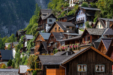 beautiful landscapes with mountains and clouds , pictures  of Hallstatt city in Austria 