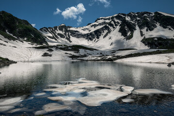 floating ice floe in mountain lake reflecting blue sky and snowy peaks