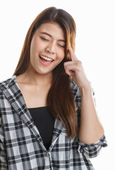 Portrait isolated closeup studio shot of Asian happy thoughtful curious pretty long hair female model in black and gray plaid shirt standing smiling hold finger at head got ideas on white background