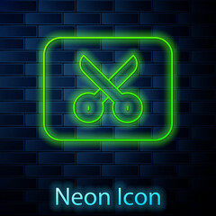 Glowing neon line Music or video editing icon isolated on brick wall background. Vector