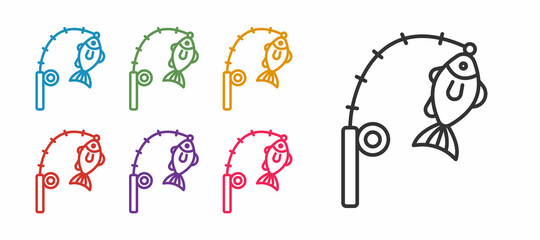 Set line Fishing rod and fish icon isolated on white background. Fishing equipment and fish farming topics. Set icons colorful. Vector