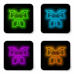 Glowing neon line Body armor icon isolated on white background. Black square button. Vector