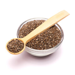 Glass bowl of organic natural chia seeds close-up isolated