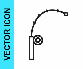 Black line Fishing rod icon isolated on white background. Catch a big fish. Fishing equipment and fish farming topics. Vector