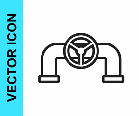 Black line Oil pipe with valve icon isolated on white background. Vector