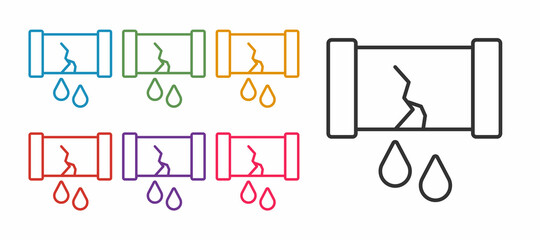 Set line Broken oil pipe with valve icon isolated on white background. Set icons colorful. Vector