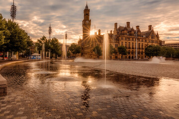 Sunrise over Bradford City Hall and Mirror Pool - obrazy, fototapety, plakaty