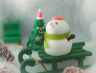 Japanese steamed sweet bun (Manju) that is decorated to look like a Snowman in a christmas set 