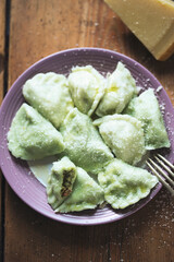 Spinach pierogi dumplings stuffed with salmon and spinach 