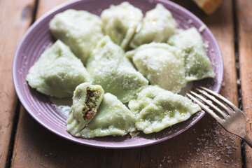 Spinach pierogi dumplings stuffed with salmon and spinach 