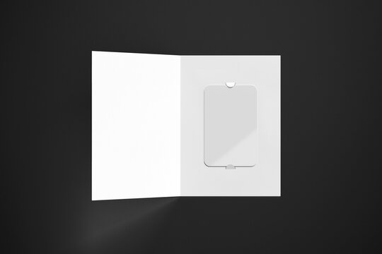 Empty blank gift card holder with card mock up template isolated on a dark background. 3d rendering.