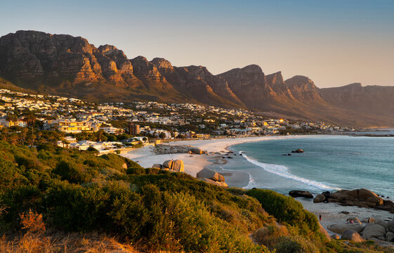 Idyllic Camps Bay beach and Table Mountain in Cape Town, South Africa