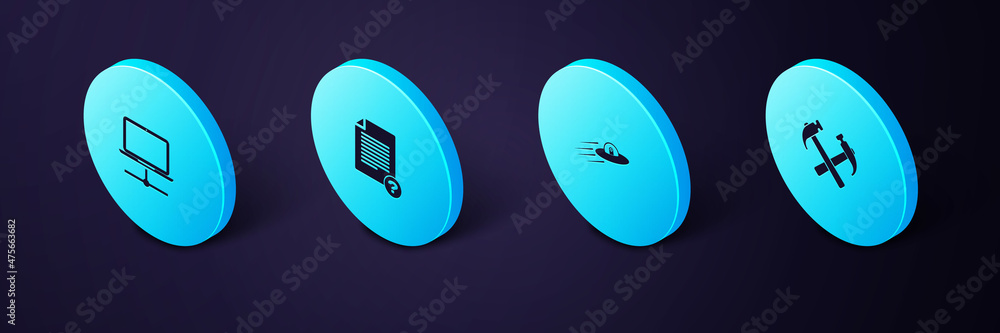 Poster set isometric two crossed hammers, ufo flying spaceship and alien, unknown document and computer net