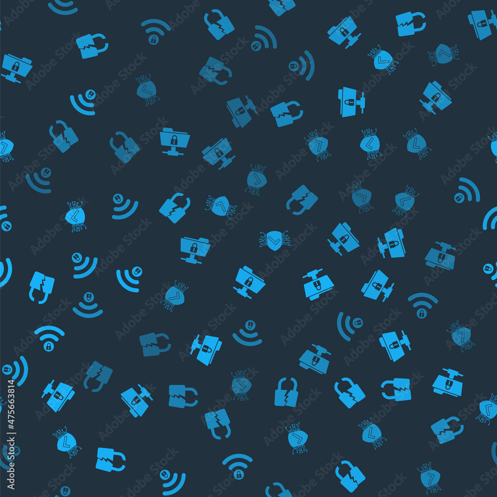 Poster set broken or cracked lock, ftp folder and, cyber security and wifi locked on seamless pattern. vect