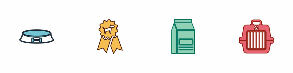Set Pet food bowl, Dog award symbol, Bag of and carry case icon. Vector