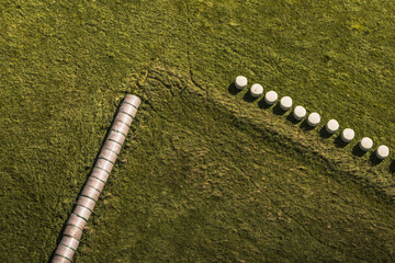 Aerial view of a green grass-covered vast area