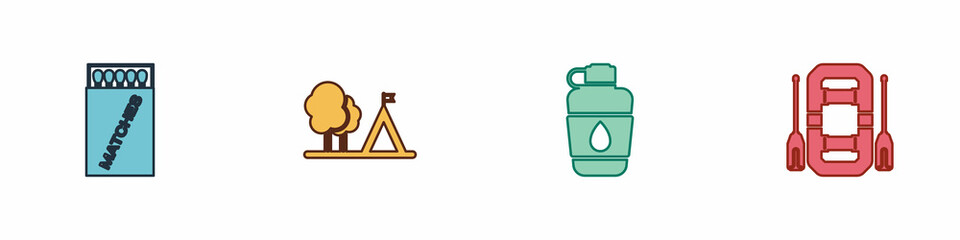 Set Open matchbox and matches, Tourist tent with flag, Canteen water bottle and Rafting boat icon. Vector