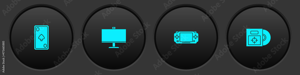 Poster set playing card with diamonds, computer monitor, portable video game console and cd dvd disk box ic
