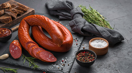 Smoked sausage with rosemary spices on a dark background.