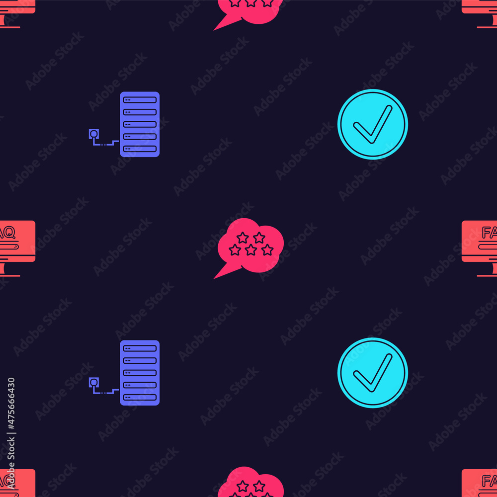 Poster set check mark in circle, server, five stars rating review and monitor with faq information on seaml