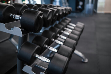 Fototapeta na wymiar Rows of dumbbells on a rack in a gym