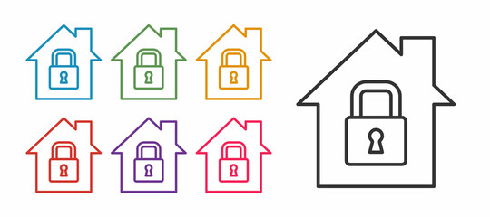 Set line House under protection icon isolated on white background. Home and lock. Protection, safety, security, protect, defense concept. Set icons colorful. Vector