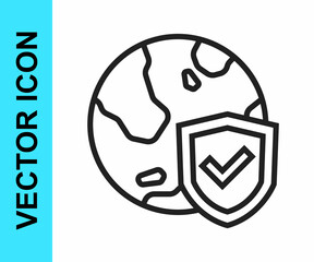 Black line Shield with world globe icon isolated on white background. Insurance concept. Security, safety, protection, privacy concept. Vector