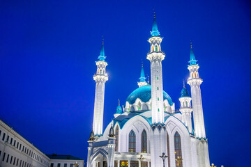 Beautiful banner white islamic Mosque with blue roof background night sky with star and moon