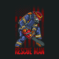 cool fire fighting rescue man use chain saw illustration 