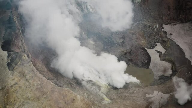 Aerial View on the Lake Inside Mutnovsky Volcano Active Crater, Kamchatka