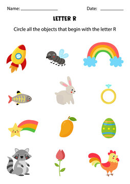 Letter recognition for kids. Circle all objects that start with R.