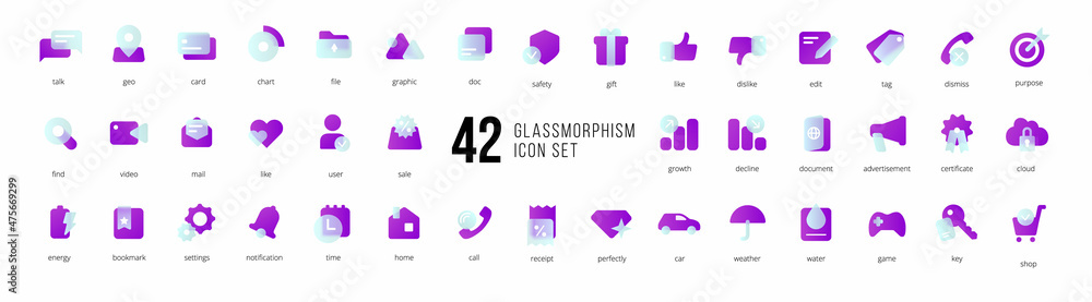 Aufkleber A set of purple vector icons of modern trend in the style of glass morphism with gradient, blur and transparency. The collection includes 42 icons in a single style of business, finance, UX UI