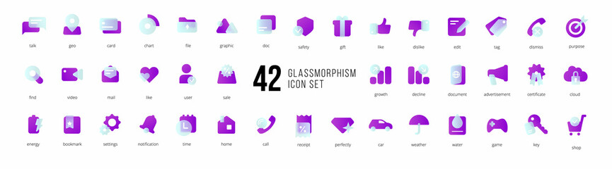 A set of purple vector icons of modern trend in the style of glass morphism with gradient, blur and transparency. The collection includes 42 icons in a single style of business, finance, UX UI - obrazy, fototapety, plakaty