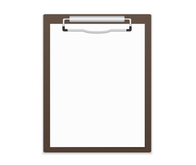 Clipboard with blank paper on white background