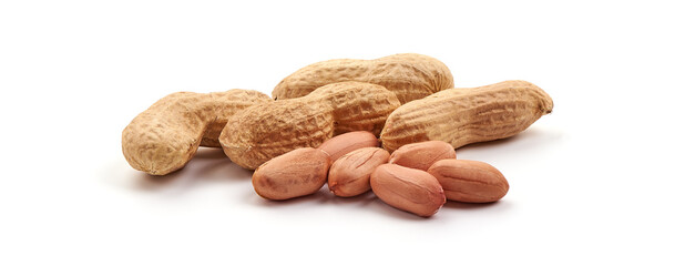 Peanuts, close-up, isolated on white background.