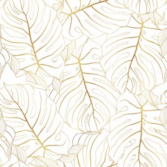Foliage seamless pattern, monstera palm leaves, golden line art ink drawing on white background.