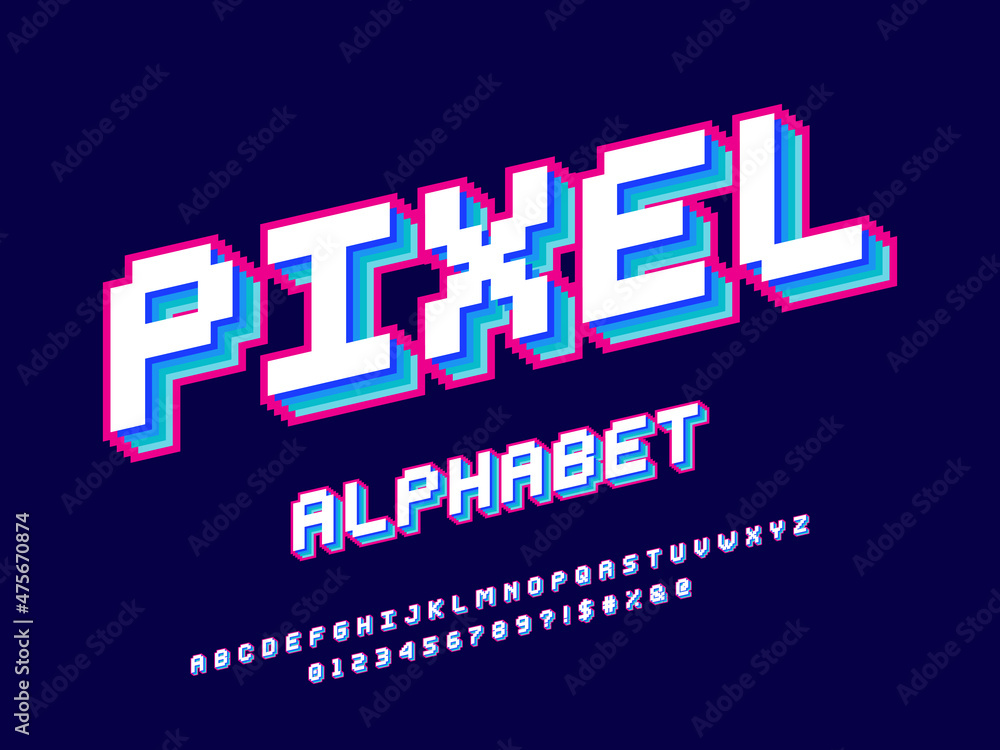 Poster pixel style font design with uppercase, numbers and symbol