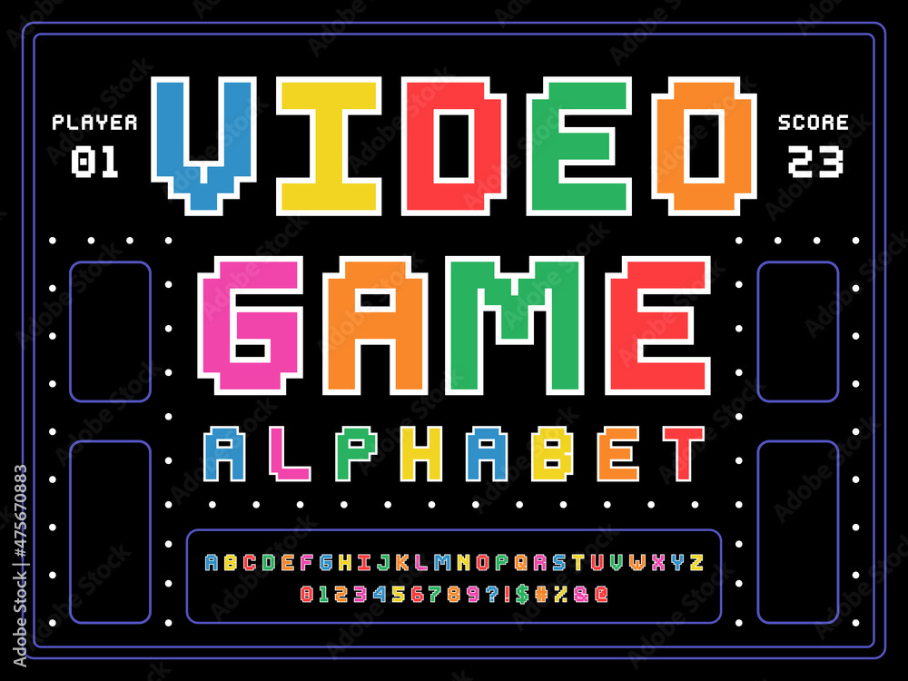 Poster pixel style font design with uppercase, numbers and symbol