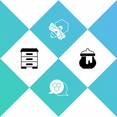 Set Hive for bees, Honeycomb, Bee and honeycomb and Jar of icon. Vector