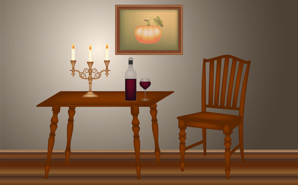 Classic vintage room with bottle of wine and candlestick on a table, vector illustration