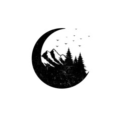 Hand drawn travel badge with mountain, crescent and fir trees textured vector illustrations. © rn_renaldo