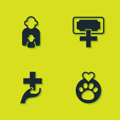 Set Taking care of children, Heart with animals footprint, cross and Donation and charity icon. Vector