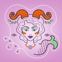 Capricorn Zodiac signs constellations Vector Illustration, logo, tattoo. Girl or woman with horns and a fish tail, fantasy ornament in fairy tail style.